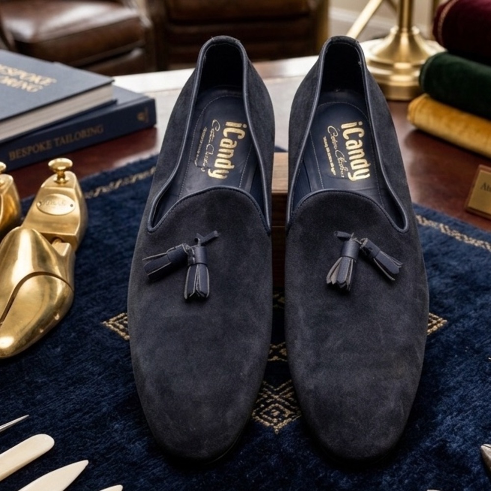 Navy blue suede tassel loafers from iCandy Custom Clothiers Made In Italy